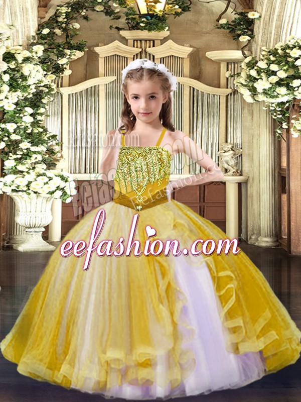  Ball Gowns Little Girls Pageant Dress Wholesale Gold Straps Tulle Sleeveless Floor Length Lace Up
