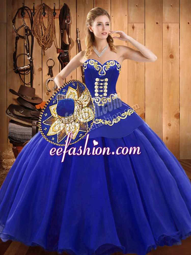  Floor Length Lace Up Quinceanera Gowns Blue for Military Ball and Sweet 16 and Quinceanera with Ruffles