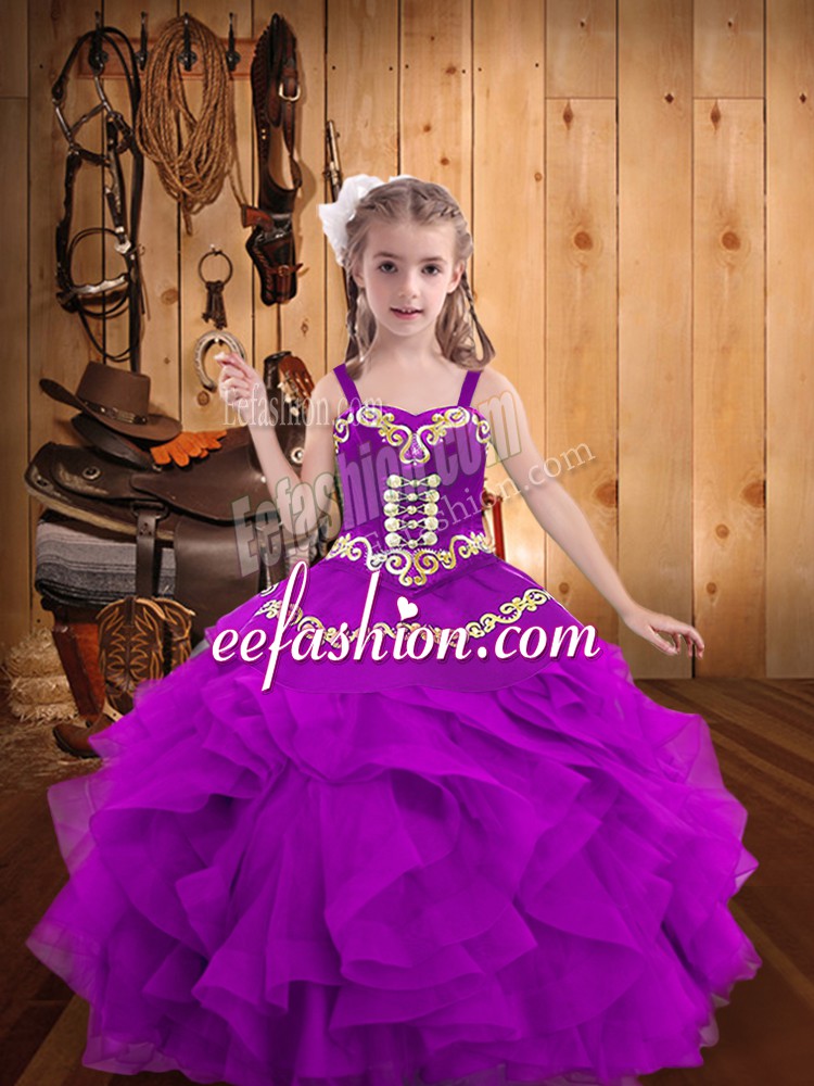  Purple Straps Neckline Embroidery and Ruffles Kids Pageant Dress Sleeveless Lace Up