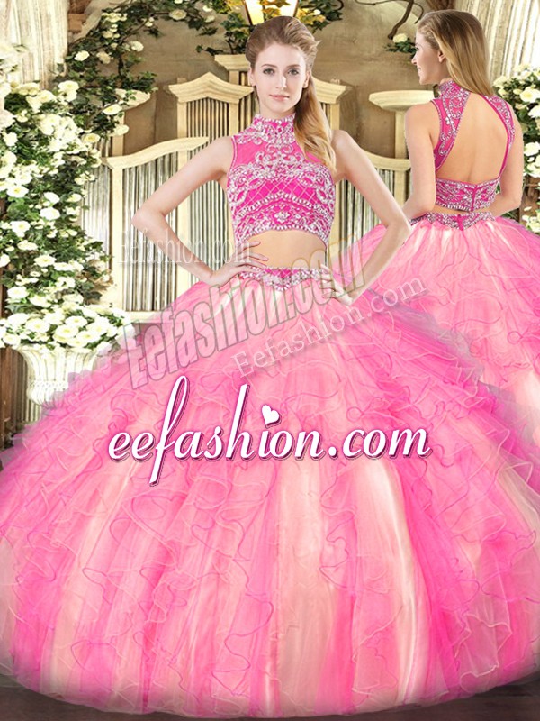 Smart Watermelon Red and Rose Pink High-neck Backless Beading and Ruffles Sweet 16 Quinceanera Dress Sleeveless