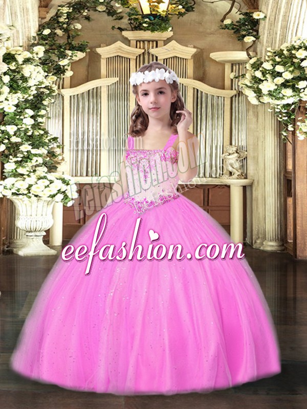  Ball Gowns Little Girls Pageant Dress Rose Pink Straps Tulle Sleeveless Floor Length Lace Up