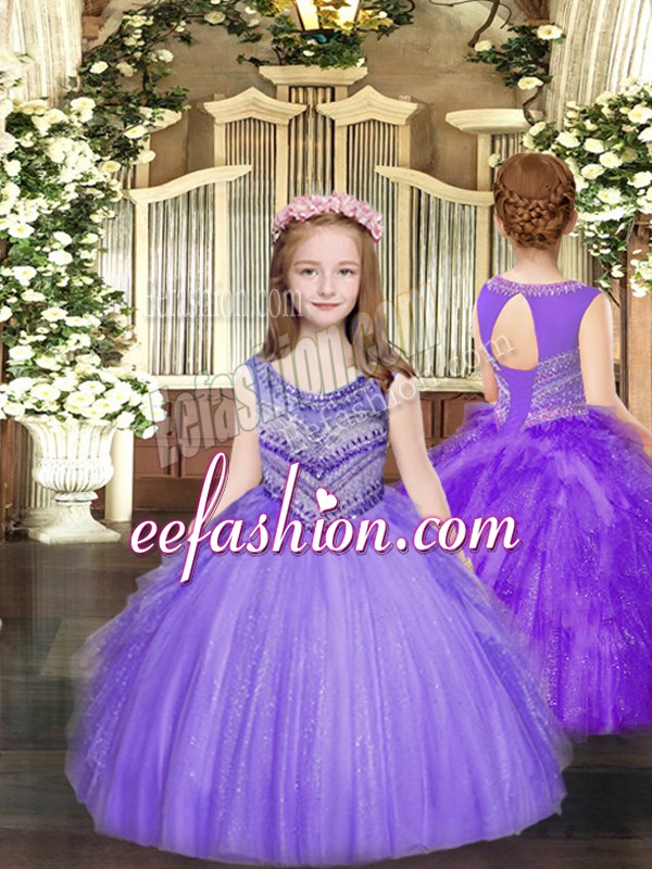  Lavender Tulle Lace Up Scoop Sleeveless Floor Length Pageant Dresses Beading and Ruffles
