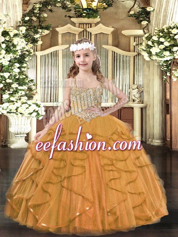 Tulle Straps Sleeveless Lace Up Beading and Ruffles Girls Pageant Dresses in Orange
