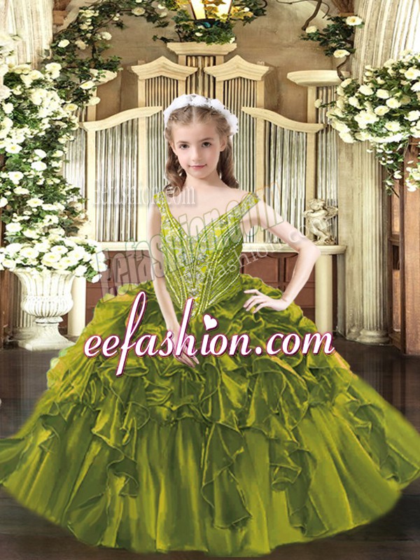 Excellent Olive Green Organza Lace Up High School Pageant Dress Sleeveless Floor Length Beading and Ruffles