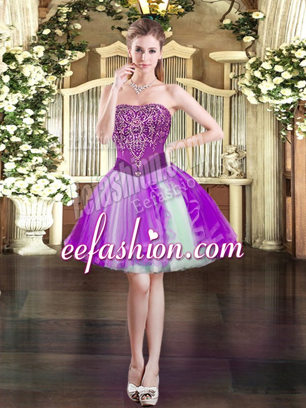 Top Selling Purple Strapless Neckline Beading Evening Dress Sleeveless Lace Up