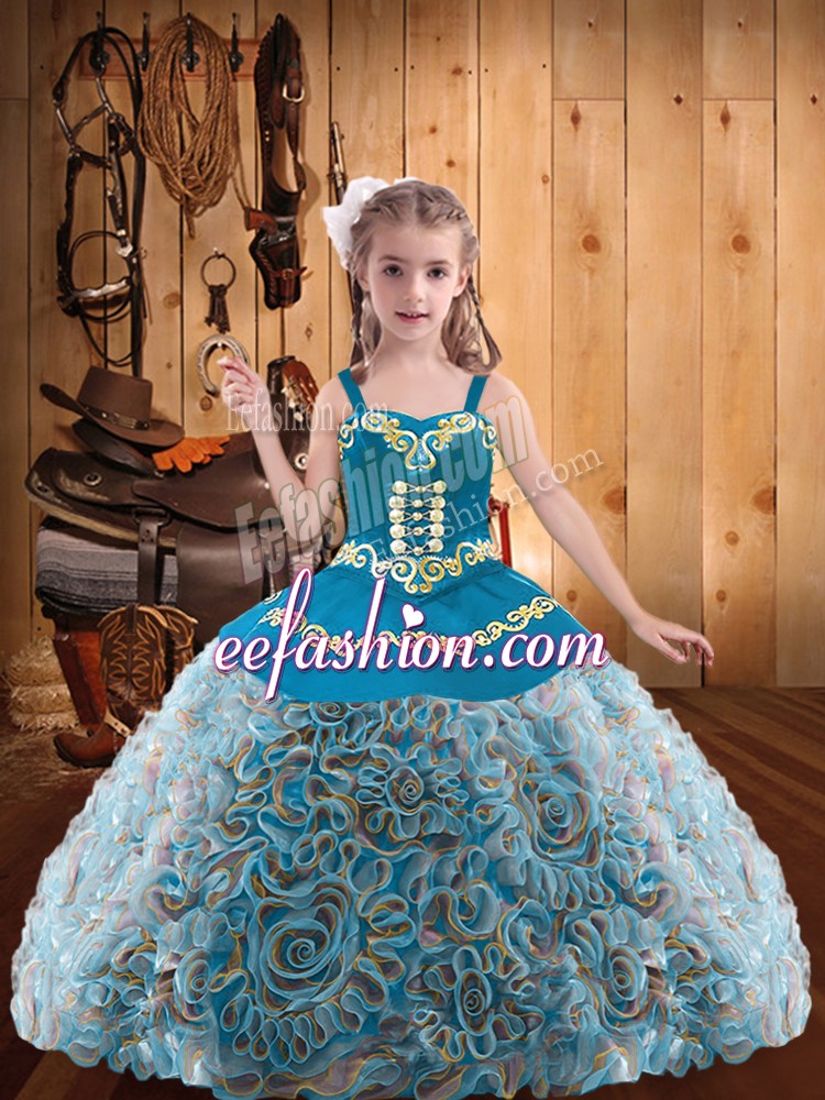  Straps Sleeveless Lace Up Girls Pageant Dresses Multi-color Fabric With Rolling Flowers
