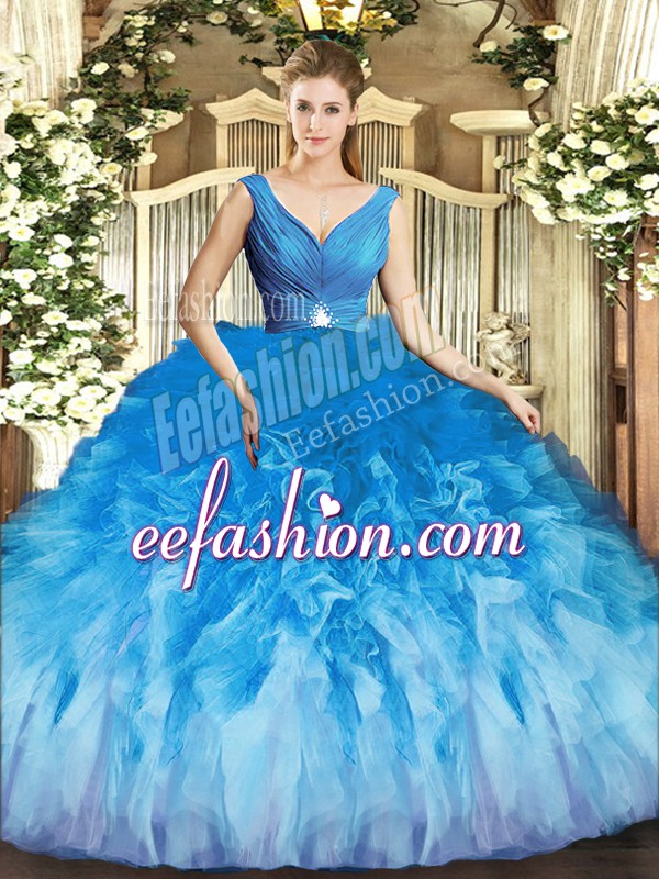  Tulle V-neck Sleeveless Backless Beading and Ruffles Vestidos de Quinceanera in Multi-color