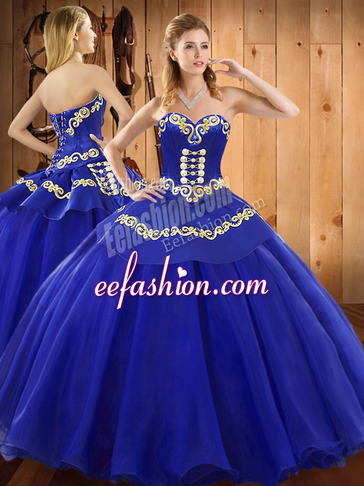  Embroidery Quinceanera Gowns Blue Lace Up Sleeveless Floor Length