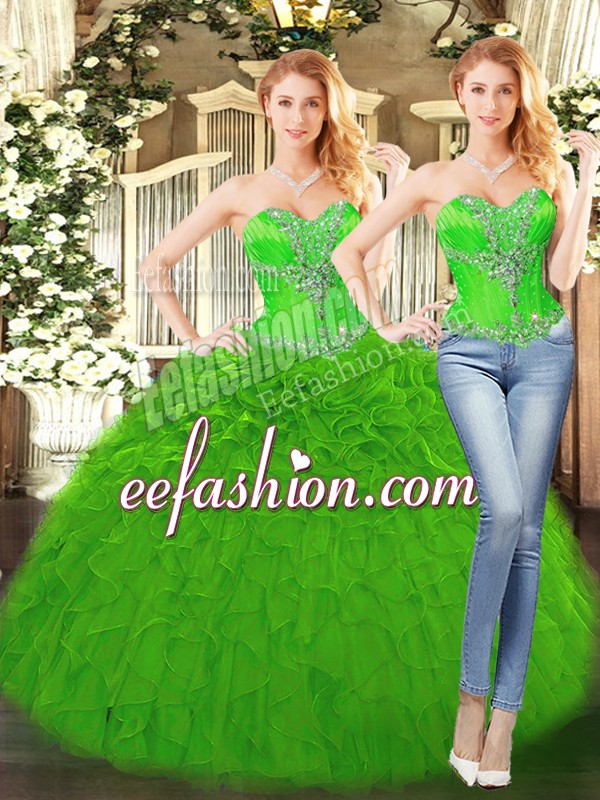 Clearance Green Ball Gowns Beading and Ruffles 15 Quinceanera Dress Lace Up Organza Sleeveless Floor Length