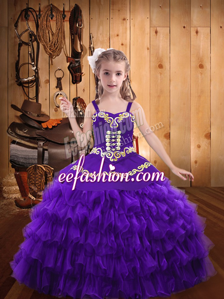 Dramatic Eggplant Purple Ball Gowns Organza Straps Sleeveless Beading and Embroidery and Ruffled Layers Floor Length Lace Up Pageant Gowns For Girls