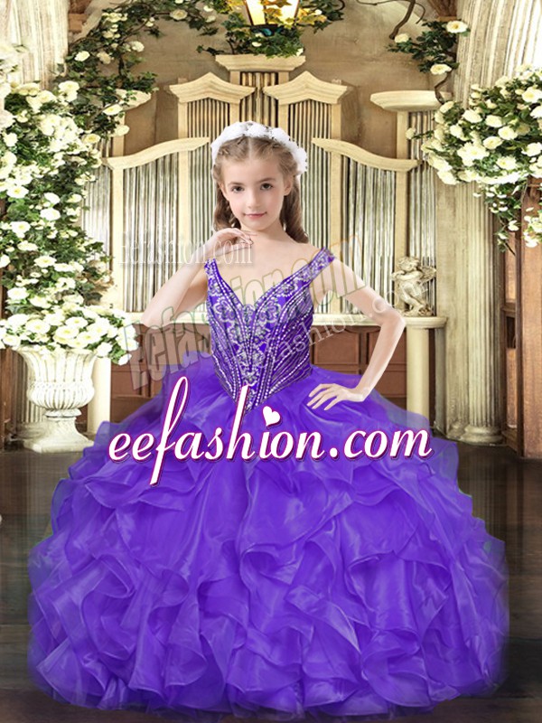  Organza V-neck Sleeveless Lace Up Beading and Ruffles Pageant Dress for Teens in Lavender