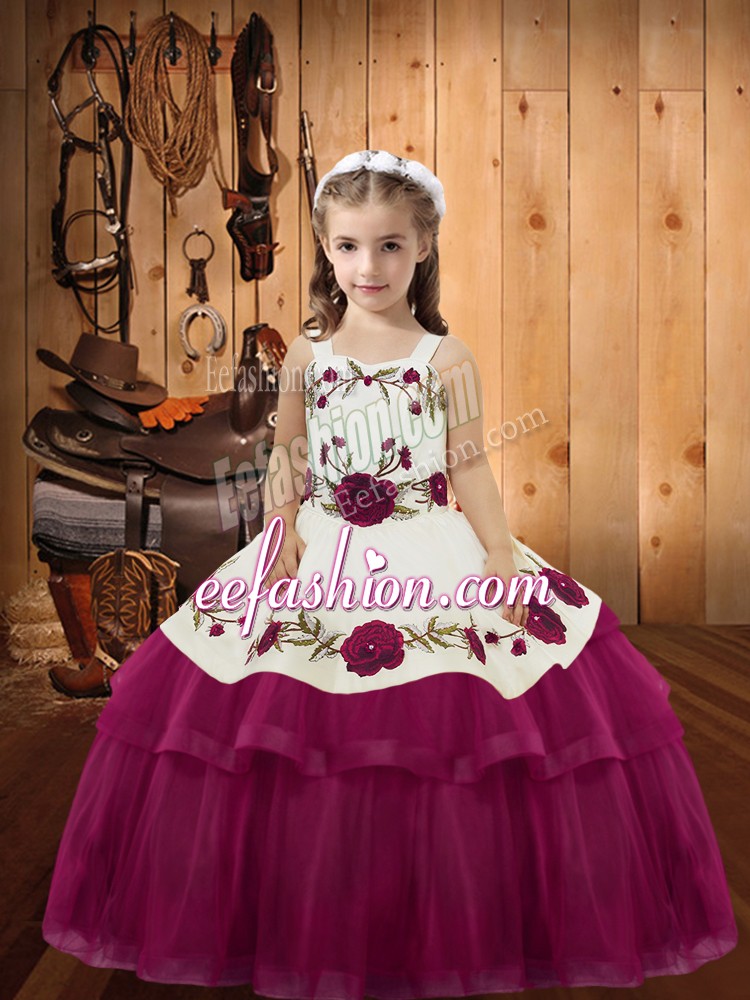  Fuchsia Organza Lace Up Straps Sleeveless Floor Length Pageant Dresses Embroidery and Ruffled Layers