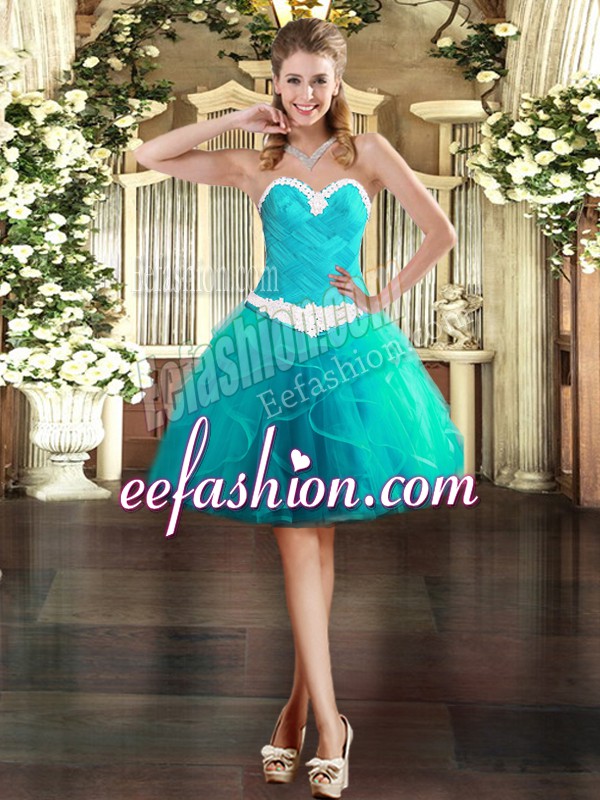 Pretty Sweetheart Sleeveless Tulle Prom Evening Gown Appliques and Ruffles Lace Up