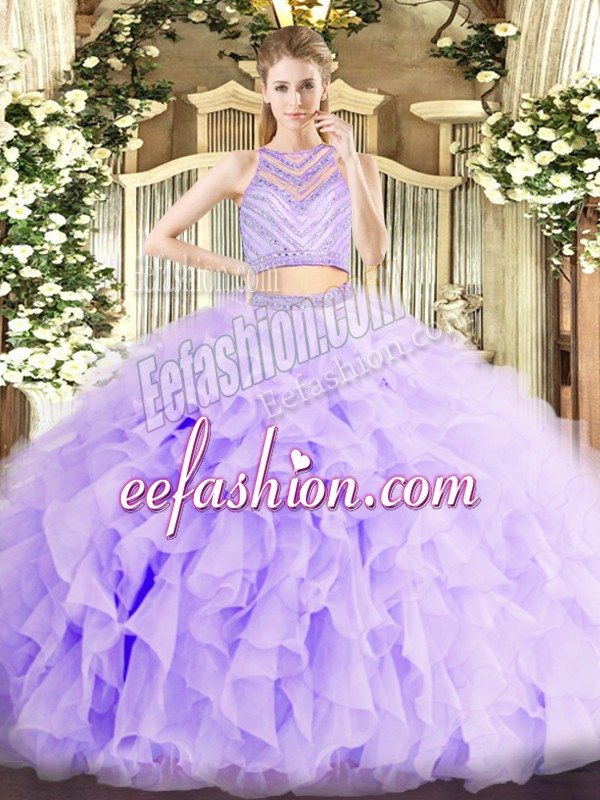 Dramatic Lavender Sleeveless Floor Length Beading and Ruffles Zipper Sweet 16 Dress