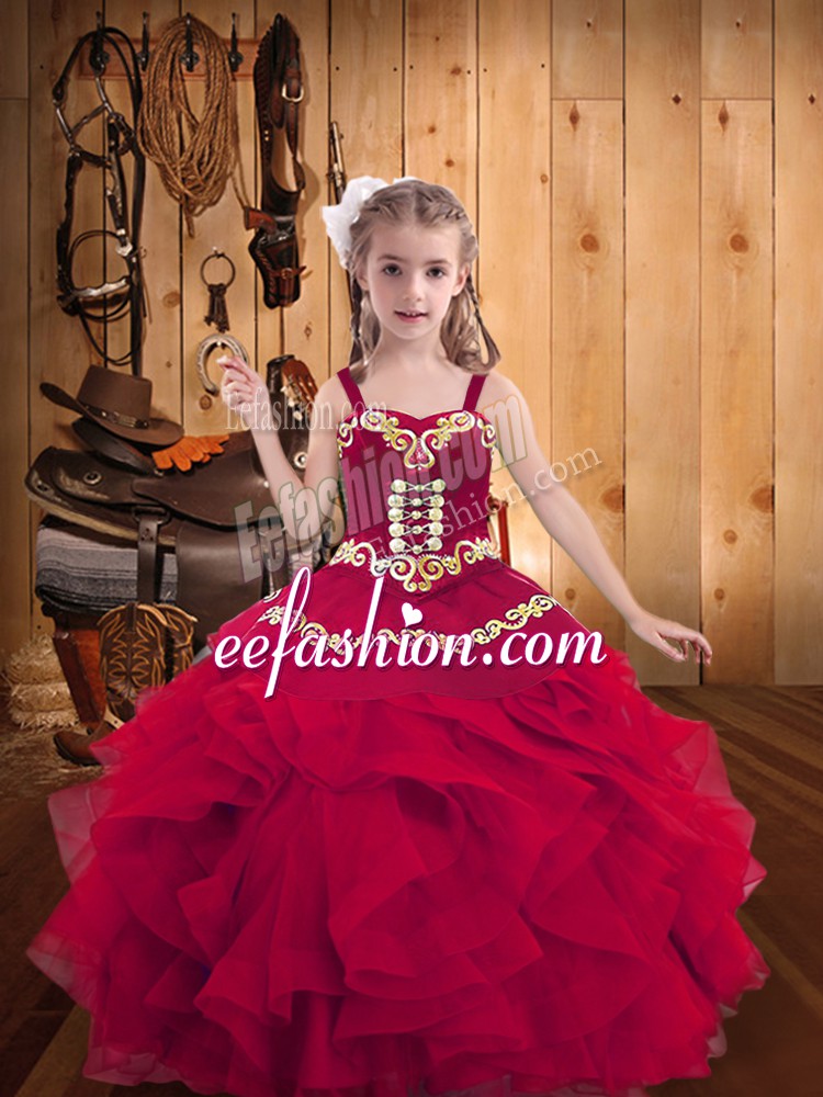  Red Ball Gowns Organza Straps Sleeveless Embroidery and Ruffles Floor Length Lace Up Little Girls Pageant Gowns