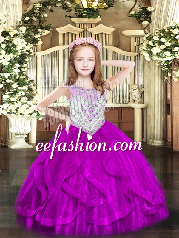  Fuchsia Tulle Zipper Pageant Gowns For Girls Sleeveless Floor Length Beading and Ruffles