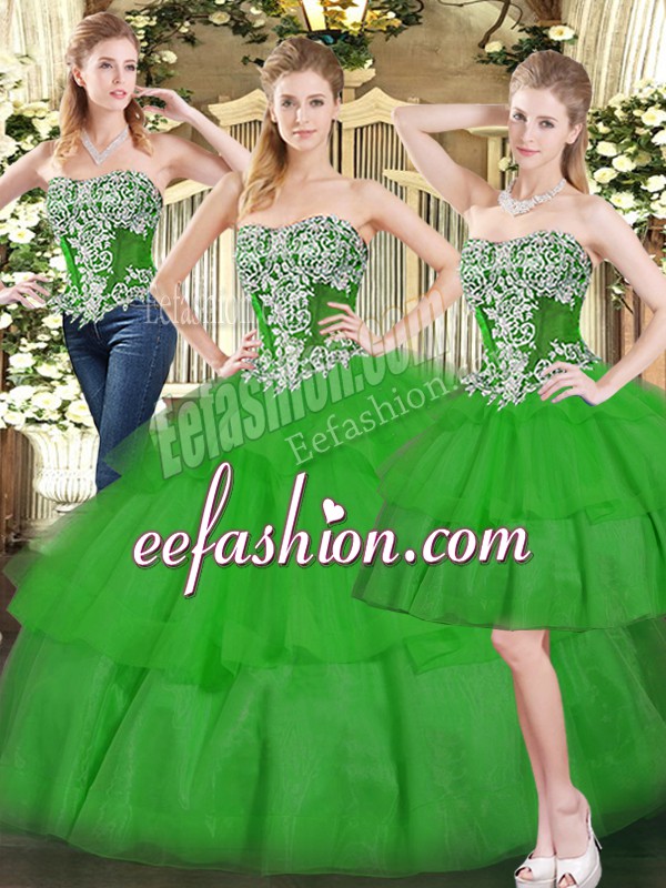 Noble Green Lace Up Quinceanera Dresses Beading and Ruffled Layers Sleeveless Floor Length