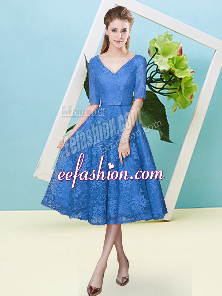  Half Sleeves Lace Tea Length Lace Up Wedding Party Dress in Blue with Bowknot