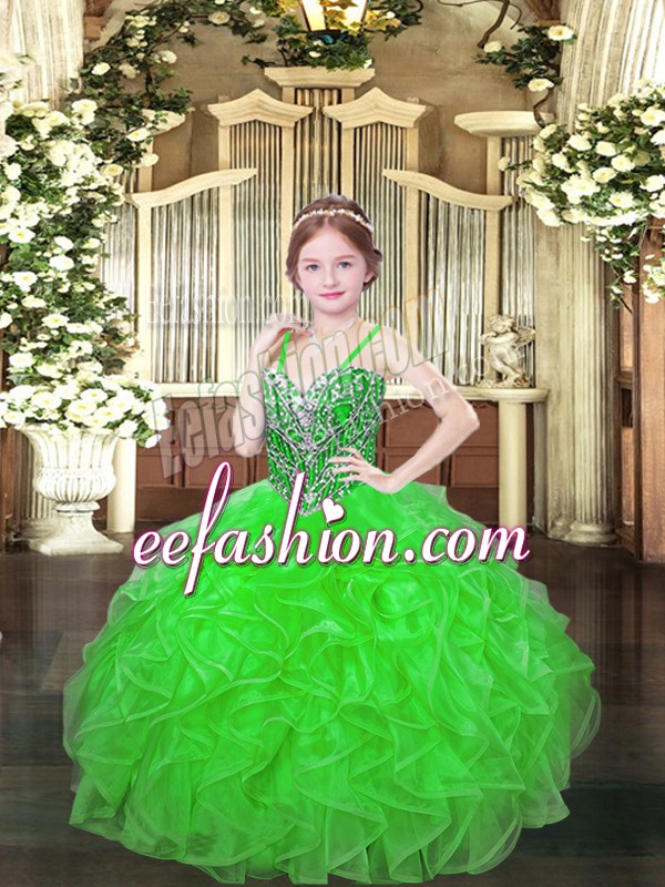  Ball Gowns Organza Spaghetti Straps Sleeveless Beading and Ruffles Floor Length Lace Up Pageant Gowns