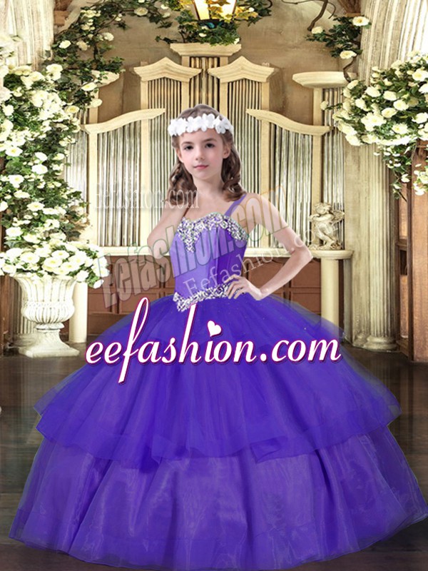  Floor Length Lace Up Pageant Dress Toddler Purple for Party and Quinceanera with Beading and Ruffled Layers
