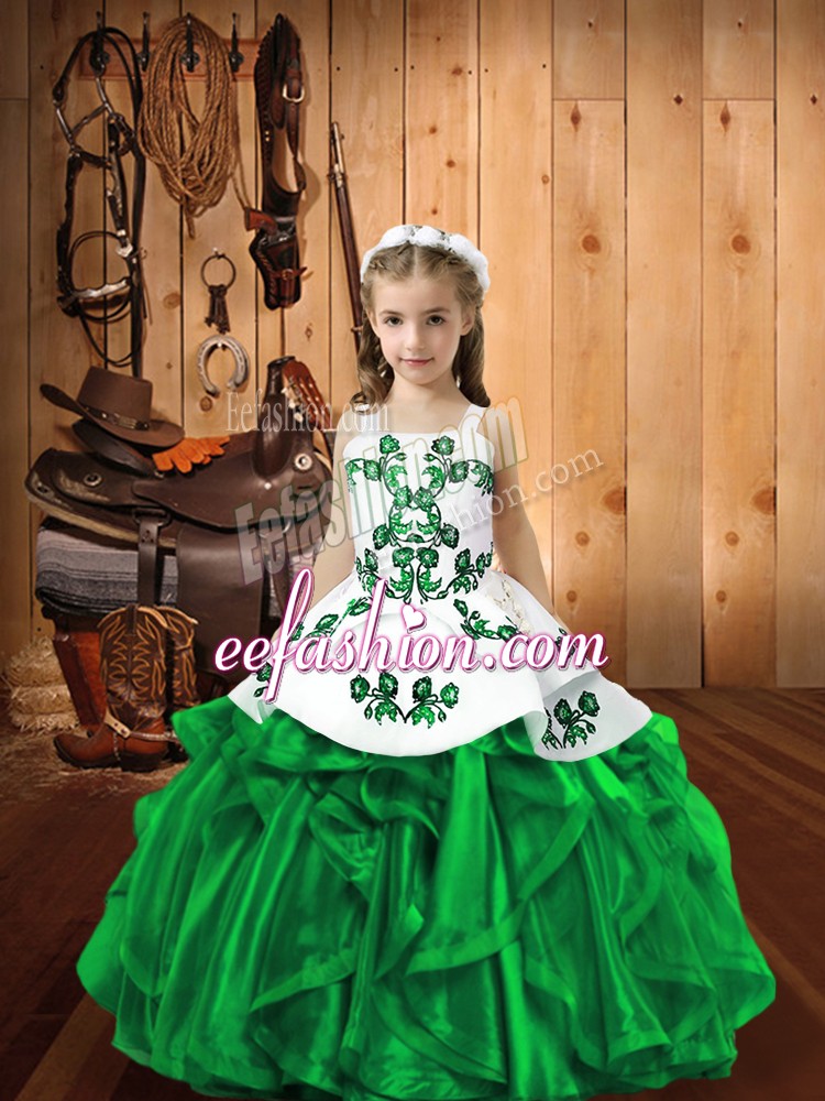 New Arrival Sleeveless Floor Length Embroidery and Ruffles Lace Up Girls Pageant Dresses with Dark Green
