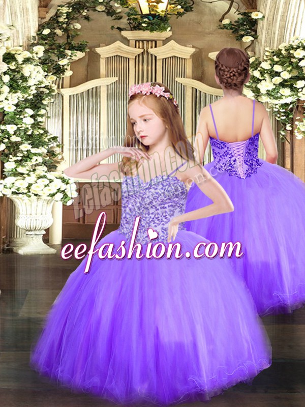 Great Lavender Tulle Lace Up Spaghetti Straps Sleeveless Floor Length Pageant Gowns Appliques