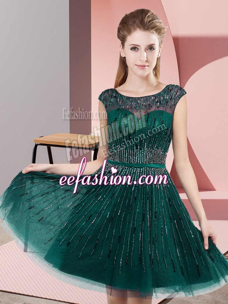 Sweet Dark Green A-line Tulle Scoop Sleeveless Beading Knee Length Backless Evening Dress
