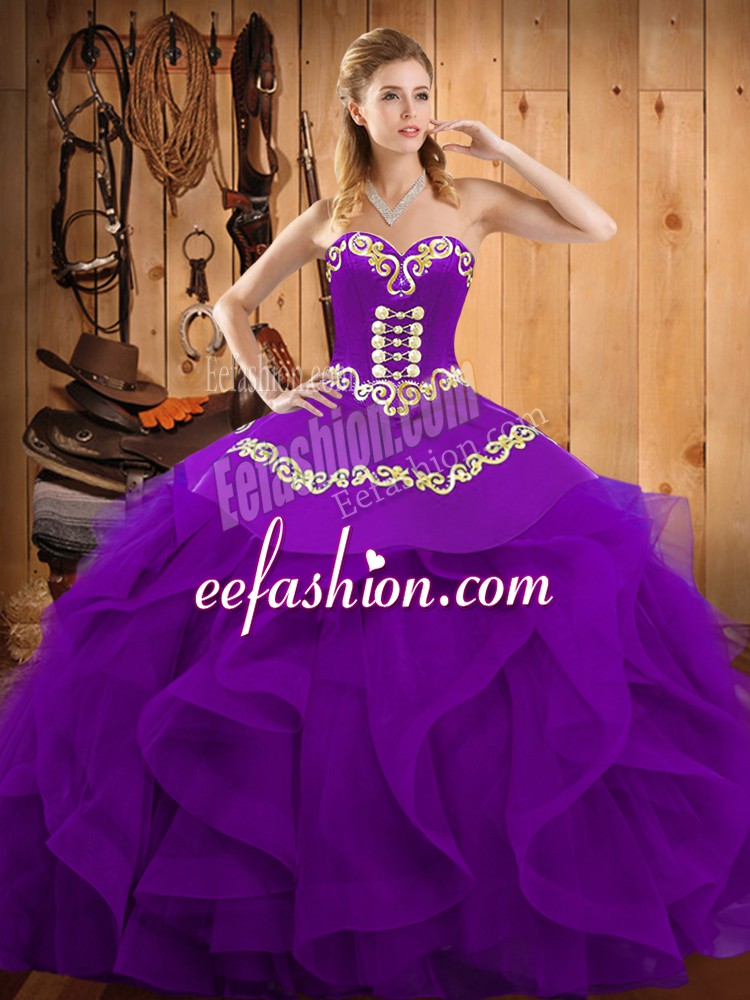  Purple Sweetheart Lace Up Embroidery and Ruffles Quinceanera Gowns Sleeveless
