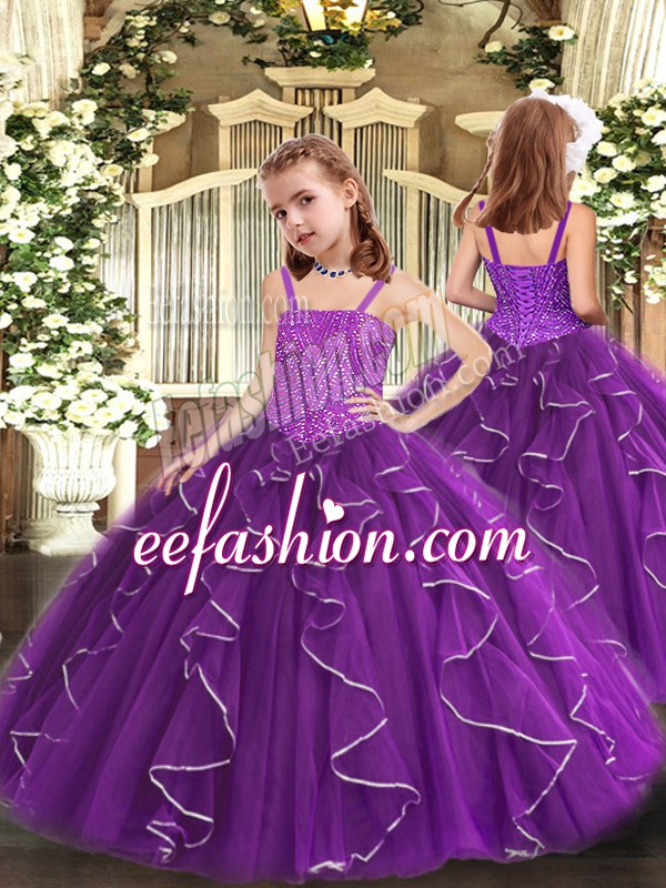 Hot Selling Sleeveless Floor Length Beading and Ruffles Lace Up Pageant Dress Toddler with Purple