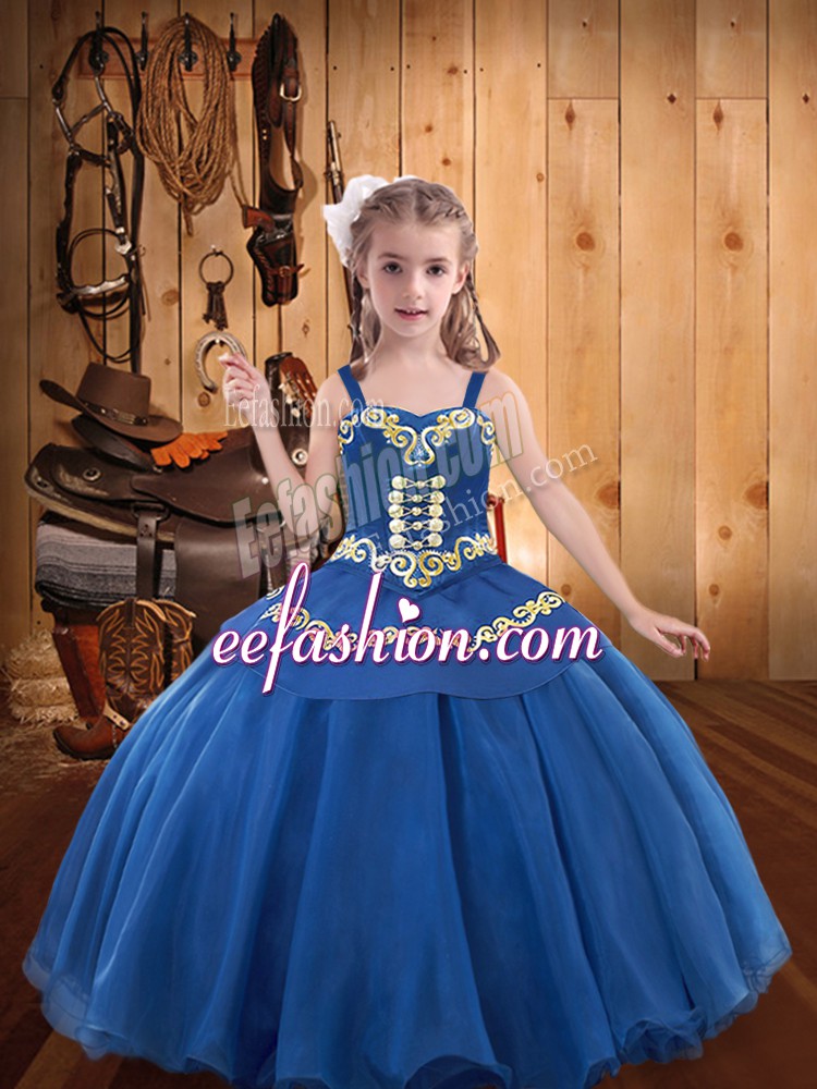 Great Blue Ball Gowns Straps Sleeveless Organza Floor Length Lace Up Beading and Embroidery and Ruffles Little Girls Pageant Dress