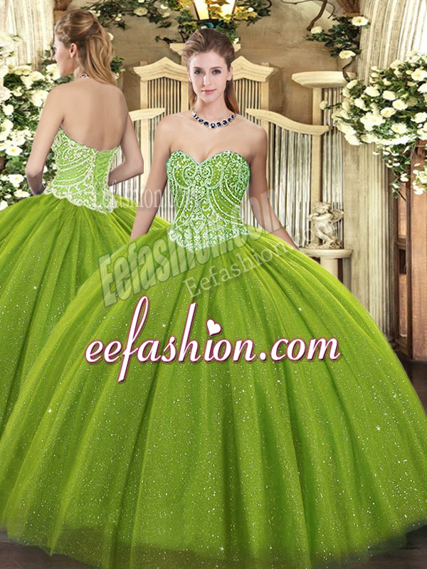 Discount Olive Green Ball Gown Prom Dress Military Ball and Sweet 16 and Quinceanera with Beading Sweetheart Sleeveless Lace Up