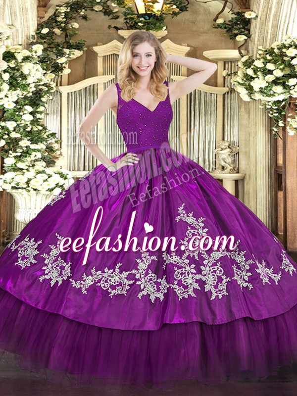  Fuchsia Ball Gown Prom Dress Sweet 16 and Quinceanera with Beading and Appliques V-neck Sleeveless Zipper
