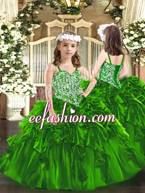  Green Lace Up Little Girls Pageant Gowns Beading and Ruffles Sleeveless Floor Length