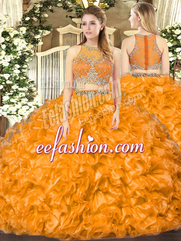  Orange Red Scoop Zipper Beading and Ruffles Ball Gown Prom Dress Sleeveless