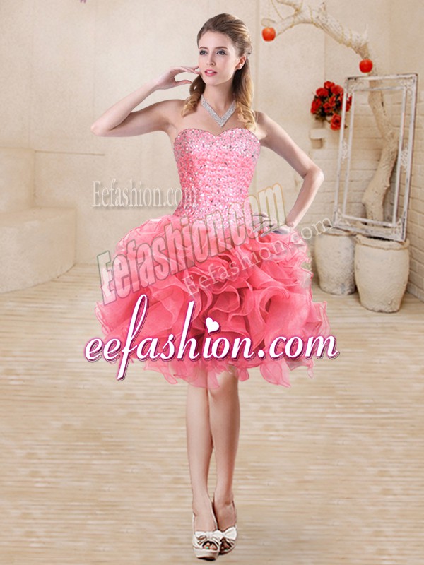 Exquisite Watermelon Red Ball Gowns Organza Sweetheart Sleeveless Beading and Ruffles Mini Length Lace Up Prom Party Dress