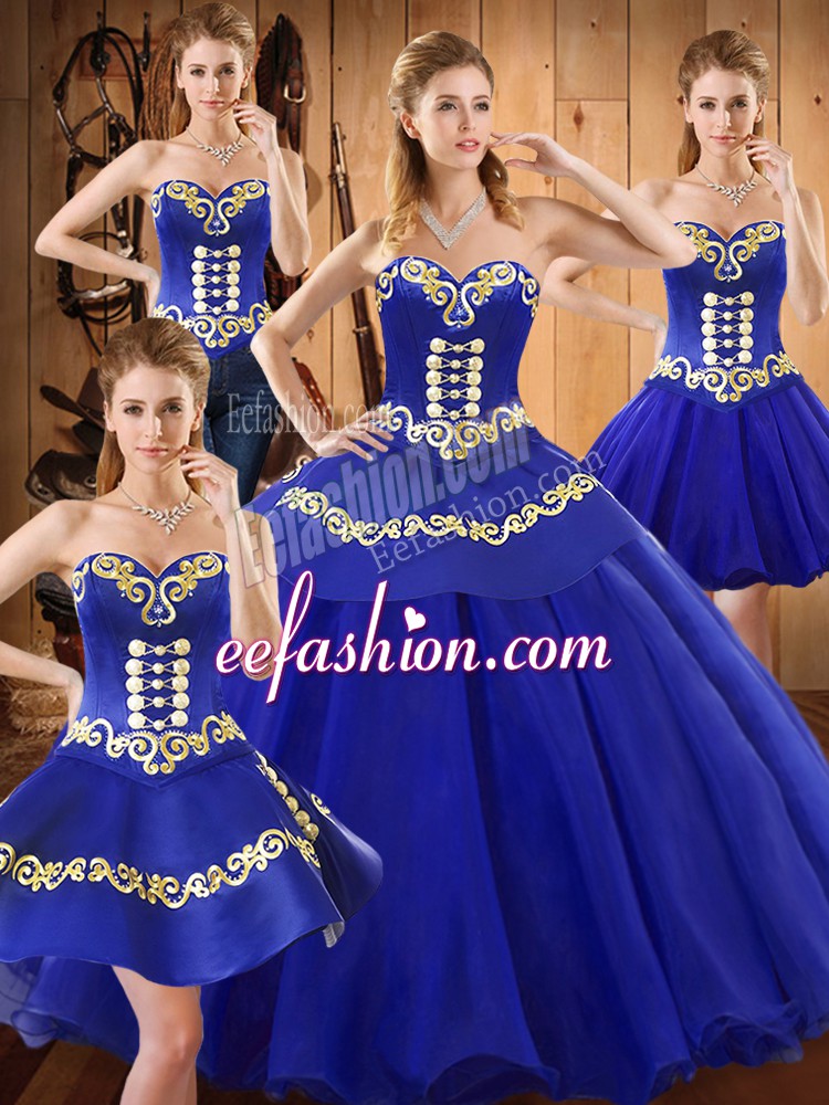 Excellent Blue Ball Gowns Embroidery 15 Quinceanera Dress Lace Up Tulle Sleeveless Floor Length