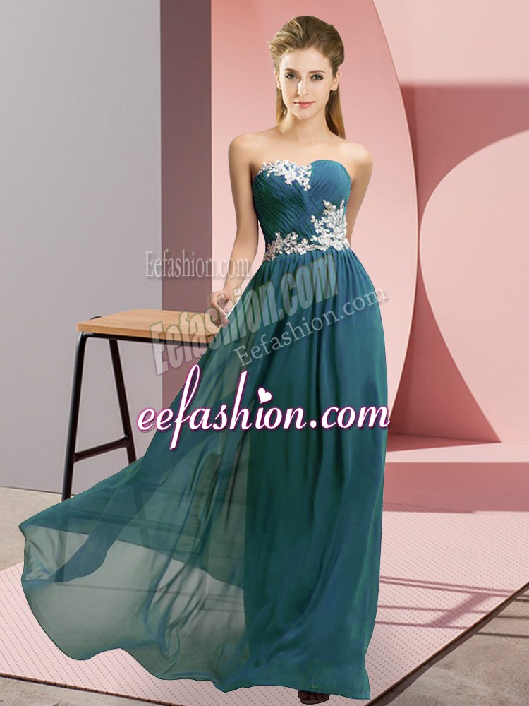  Sleeveless Chiffon Floor Length Lace Up Prom Gown in Teal with Appliques