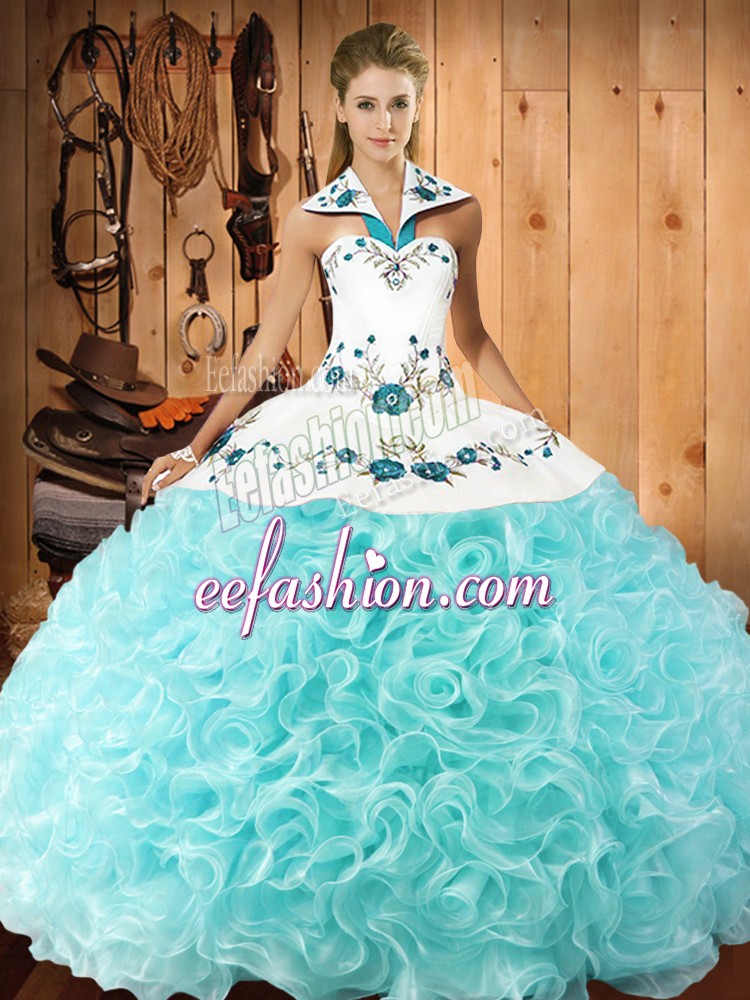  Aqua Blue Fabric With Rolling Flowers Lace Up Halter Top Sleeveless Floor Length Ball Gown Prom Dress Embroidery