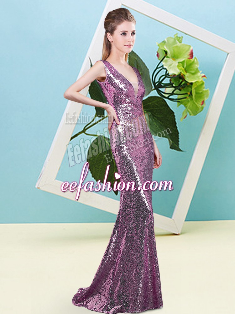  Lilac Sequined Zipper Evening Dress Sleeveless Floor Length Sequins