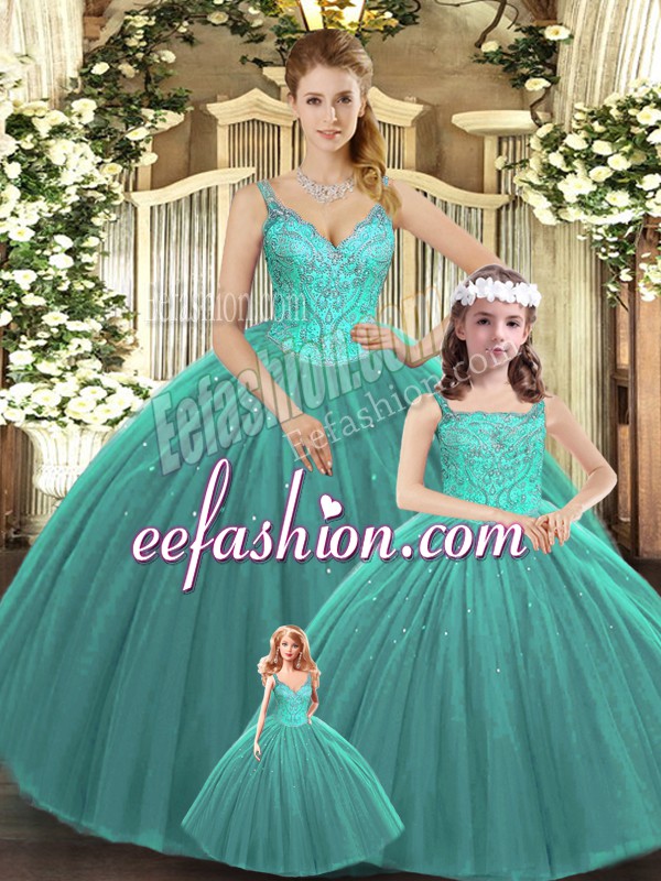 Turquoise Tulle Lace Up Quinceanera Dresses Sleeveless Floor Length Beading