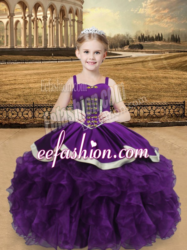 Charming Floor Length Eggplant Purple Pageant Dress for Girls Organza Sleeveless Beading and Ruffles