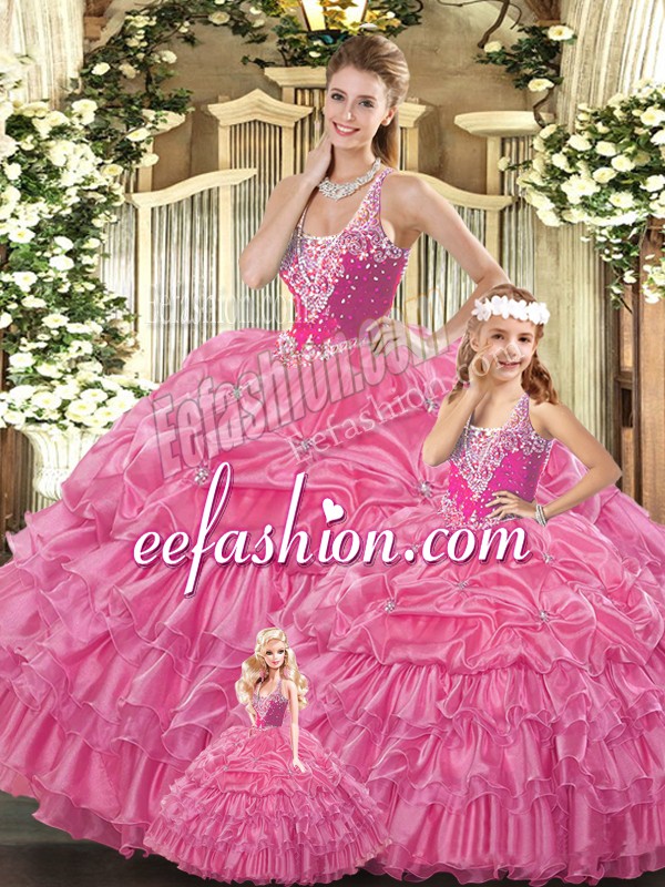  Rose Pink Quinceanera Dresses Military Ball and Sweet 16 and Quinceanera with Ruffles and Pick Ups Straps Sleeveless Lace Up
