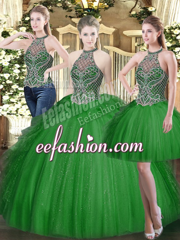  High-neck Sleeveless Lace Up Vestidos de Quinceanera Dark Green Tulle