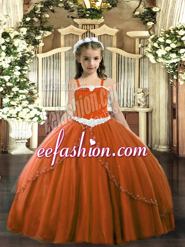  Rust Red Tulle Lace Up Pageant Dresses Sleeveless Sweep Train Appliques
