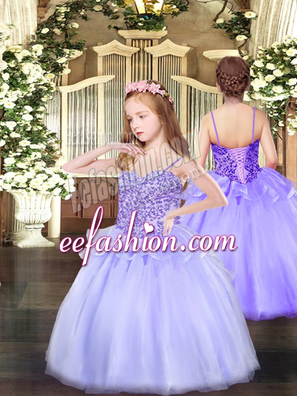 Low Price Lavender Kids Formal Wear Party and Quinceanera with Appliques Spaghetti Straps Sleeveless Lace Up