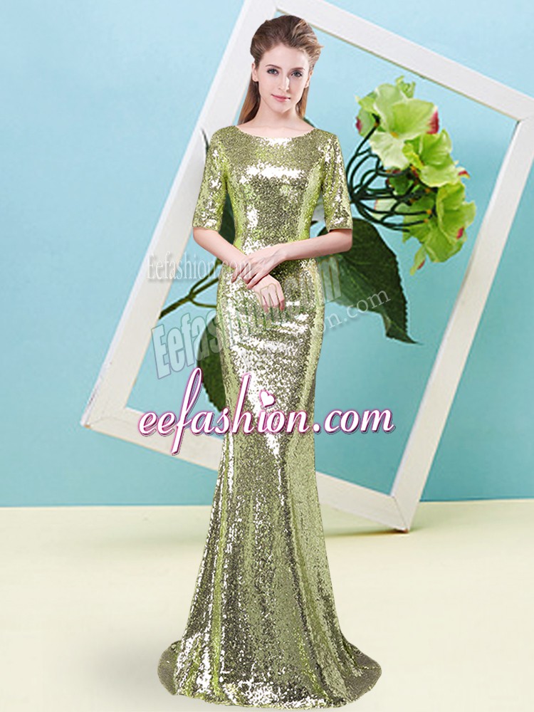  Yellow Green Sequined Zipper Scoop Half Sleeves Floor Length Prom Dresses Sequins