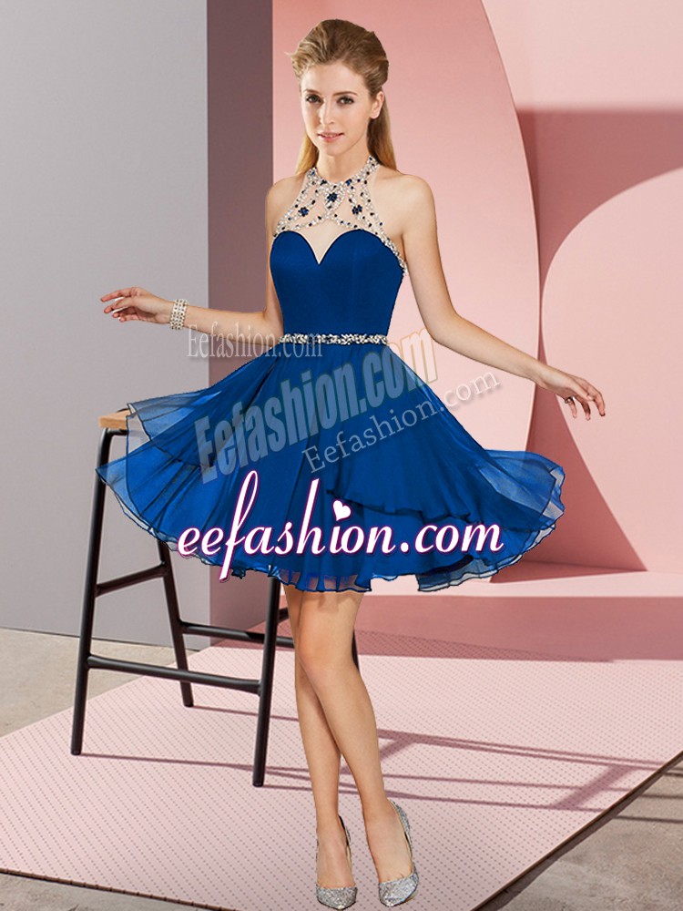 Beautiful Sleeveless Mini Length Beading Zipper Dress for Prom with Blue