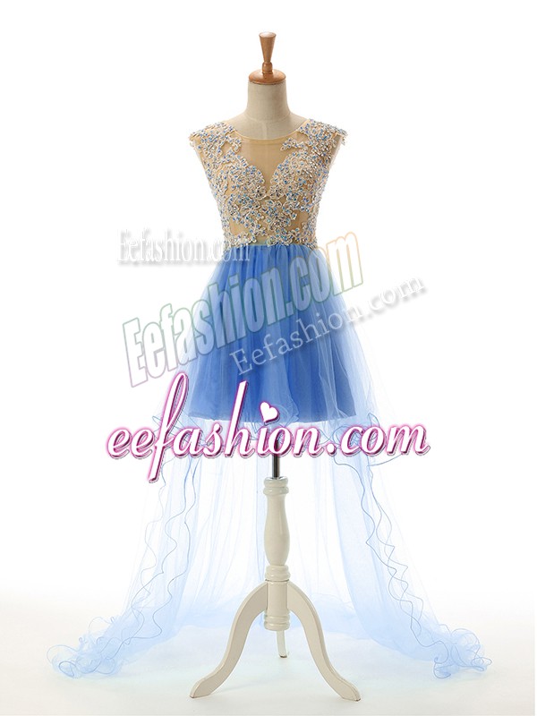 Pretty Baby Blue A-line Scoop Sleeveless Tulle High Low Backless Appliques Prom Dresses