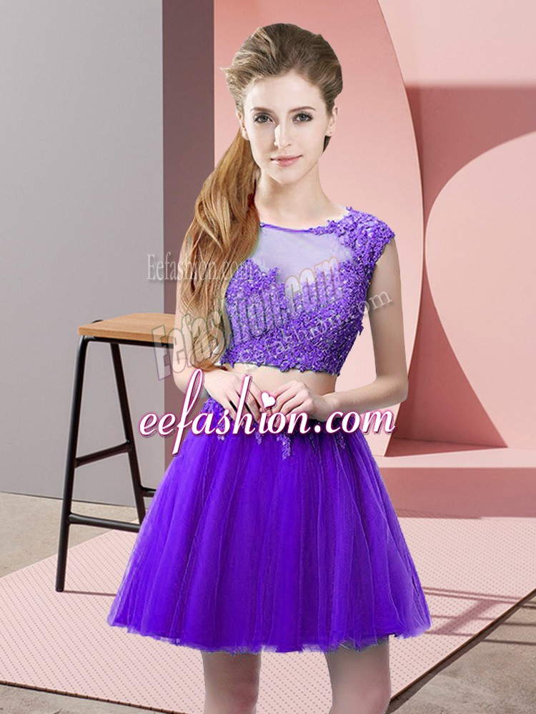  Two Pieces Prom Evening Gown Purple Scoop Tulle Sleeveless Mini Length Zipper