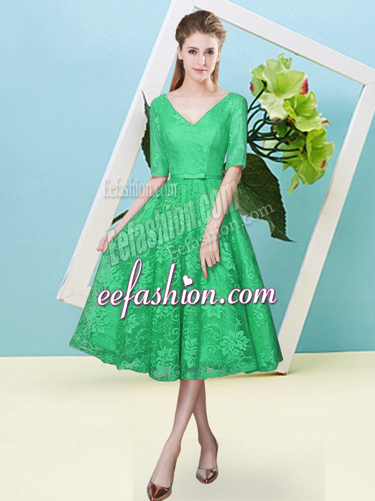  Tea Length Turquoise Quinceanera Dama Dress V-neck Half Sleeves Lace Up